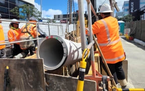 Low-carbon stormwater pipe being installed in central Auckland on 9 October 2023.