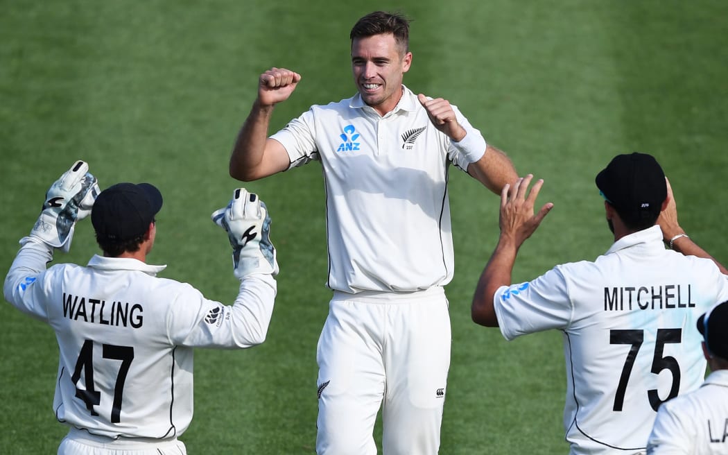Tim Southee celebrates the wicket of Sibley on Day 2. 2nd Test match. New Zealand Black Caps v England. International Cricket at Seddon Park, Hamilton, New Zealand. Saturday 30 November 2019