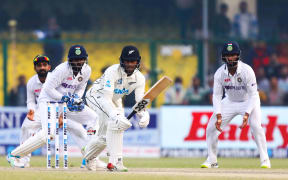 Rachin Ravindra of New Zealand  play a shot during day five of the 1st Test match between India and New Zealand held at the Green Park International Stadium in Kanpur 2021