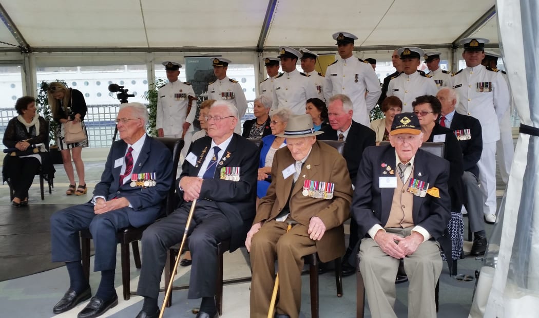 HMS Achilles veterans on board HMNZS Te Kaha, from left: John Thomson, Bob Batt, Howard Heffer and Roy Waide