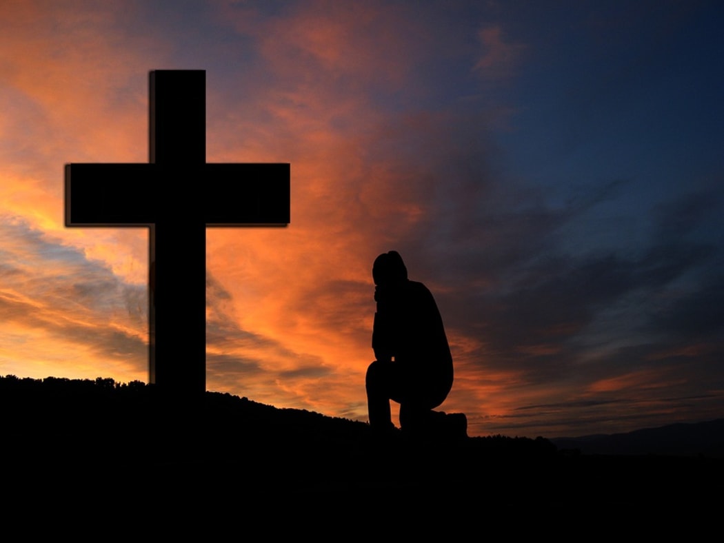 Kneeling Cross Pray Sunset Silhouette Knee Human