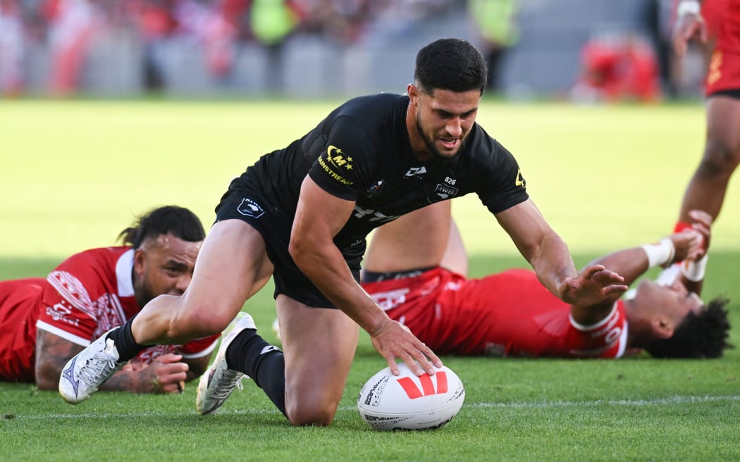 Dylan Brown scores a try for the Kiwis against Tonga in round 3 of the Pacific Championships rugby league tournament at Eden Park, Auckland, 2 November 2025.
© Photo: Andrew Cornaga / Photosport