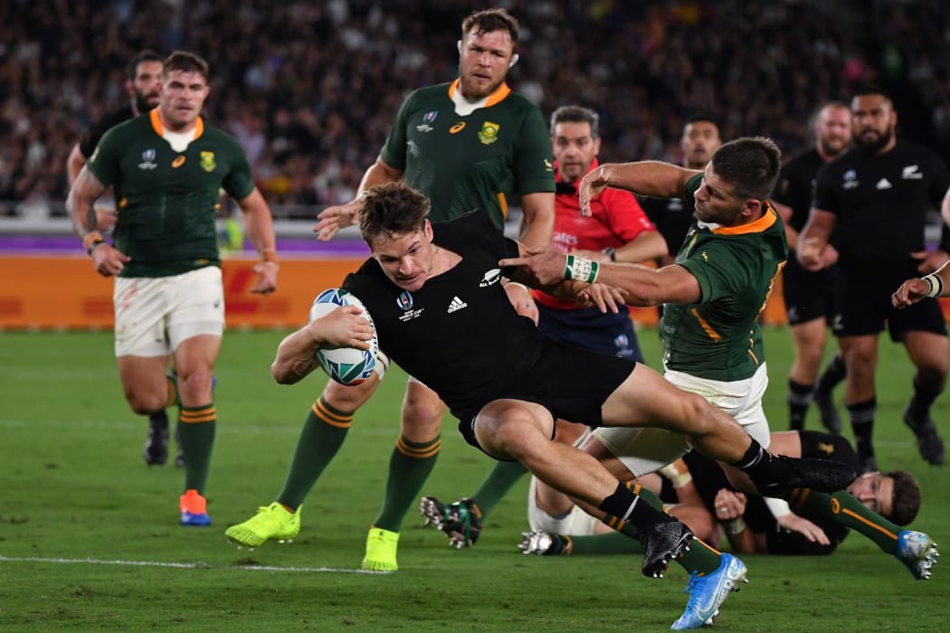 New Zealand's wing George Bridge scores a try during Rugby World Cup match against South Africa in Yokohama.