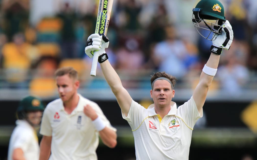 Australia captain Steve Smith celebrates his century in the opening Ashes test at the Gabba.  The innings setup Australia's victory.