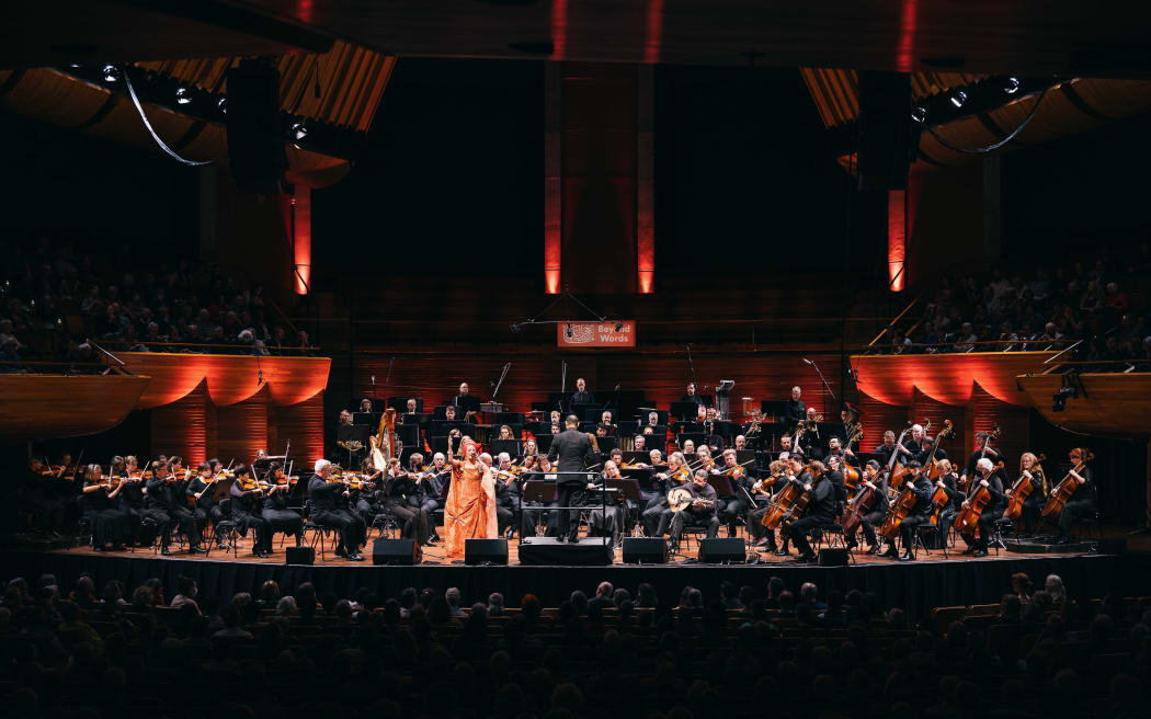 Oum performing with the NZSO conducted by Fawzi Haimor at the Michael Fowler Centre in Wellington 9 March 2024