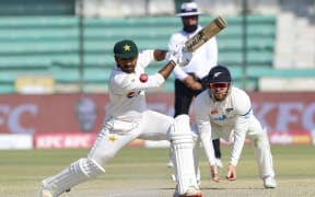 Pakistan's Sarfaraz Ahmed plays a shot during the second test against New Zealand, Karachi, 2023.
