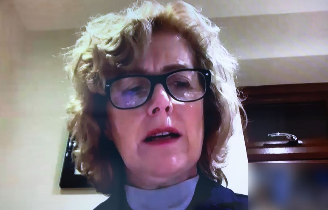 Gillian Millane makes a victim impact statement via audio-visual link from the UK at at the sentencing of the man convicted of murdering Grace Millane, 21 February 2020.