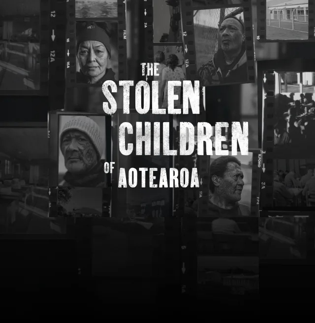 A black-and-white collage of headshots of Māori people. The text reads "The Stolen Children of Aotearoa"