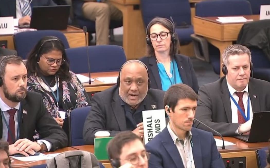 Marshall Islands ambassador to the International Maritime Organisation, Albon Ishoda, middle, delivering his statement at the MEPC81 closing plenary in London on 22 March.
