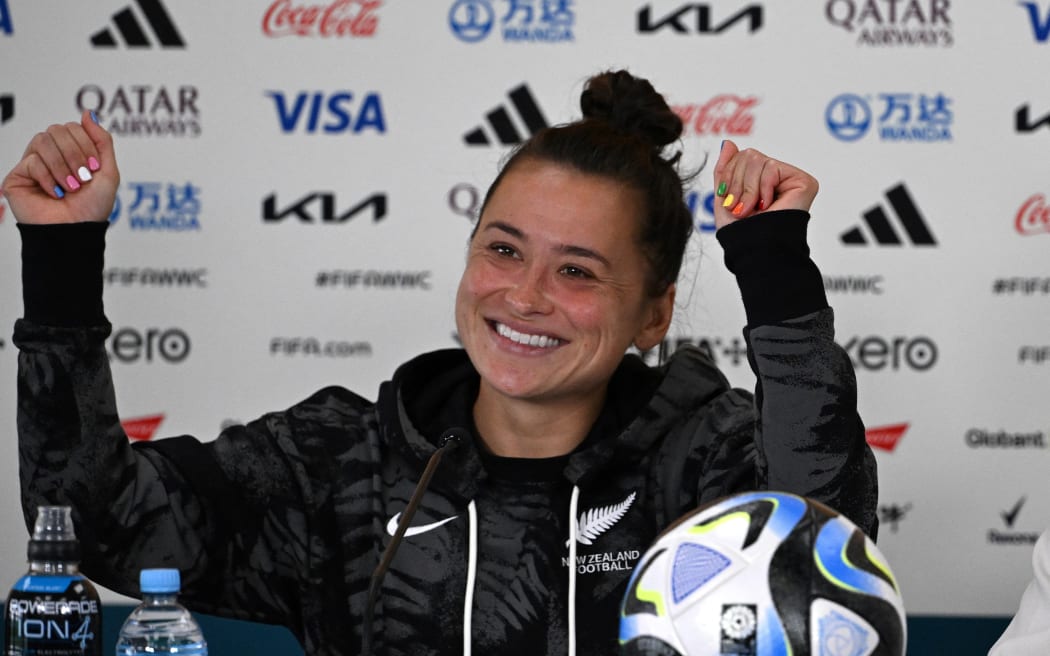 New Zealand’s Ali Riley, left, and team coach Jitka Klimkova attend a press conference at the Eden Park in Auckland on 19 July, 2023, ahead of the Women’s World Cup football tournament.