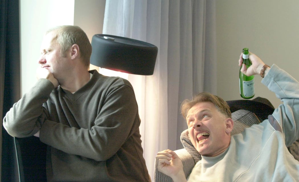 Rik Mayall (right) and co-star Adrian Edmondson in Melbourne promoting their movie Guesthouse Paradiso.