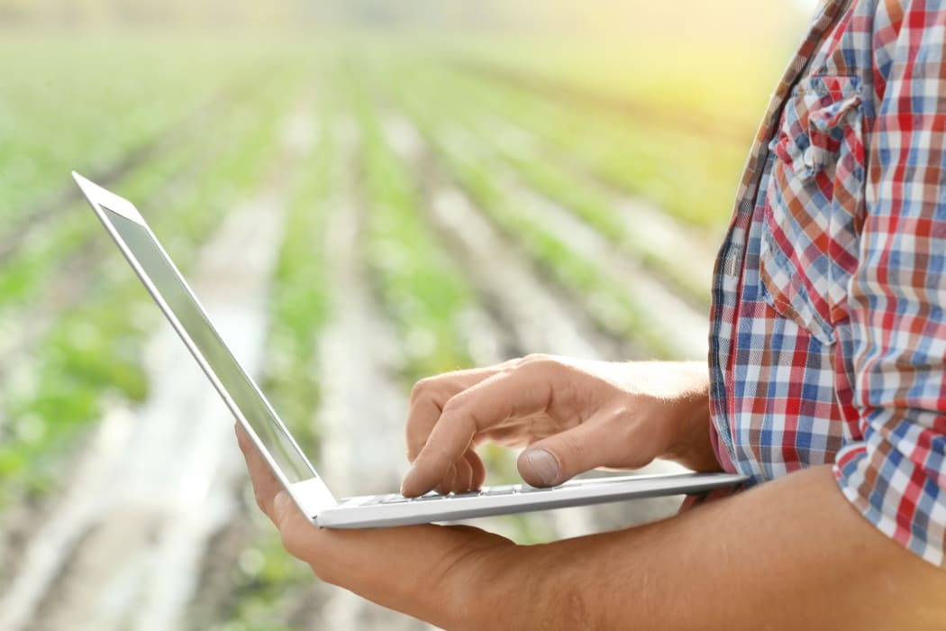 Male farmer with laptop in field, closeup