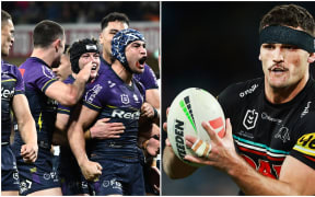 Jahrome Hughes of the Storm and Nathan Cleary of the Panthers.