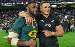 Siya Kolisi of South Africa and Sonny Bill Williams of New Zealand after the Rugby Championship at Newlands Stadium.