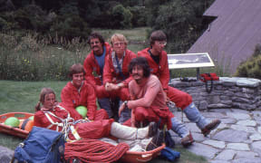 A photo of the Mt Cook Alpine Rescue Team members the summer before, including Mark Inglis (second from left) and Don Bogie (third from left)
