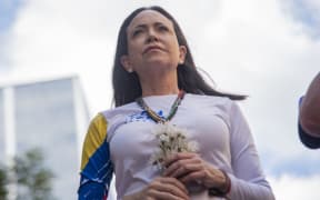 The Venezuelan opposition leader Maria Corina Machado attends a protest called by the opposition in Caracas, Venezuela, on January 9, 2025, one day before the presidential inauguration. Machado, who reappears publicly to lead the demonstrations against Nicolas Maduro's third term, is detained after being intercepted at the end of the gathering, according to her security team. (Photo by Jonathan Lanza/NurPhoto) (Photo by Jonathan Lanza / NurPhoto via AFP)