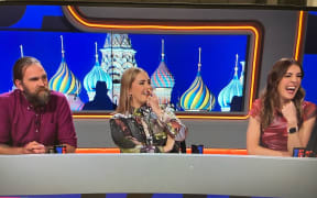 '7 Days' comedians have a laugh at RNZ against the backdrop of the Kremlin in last Thursday night's episode.
