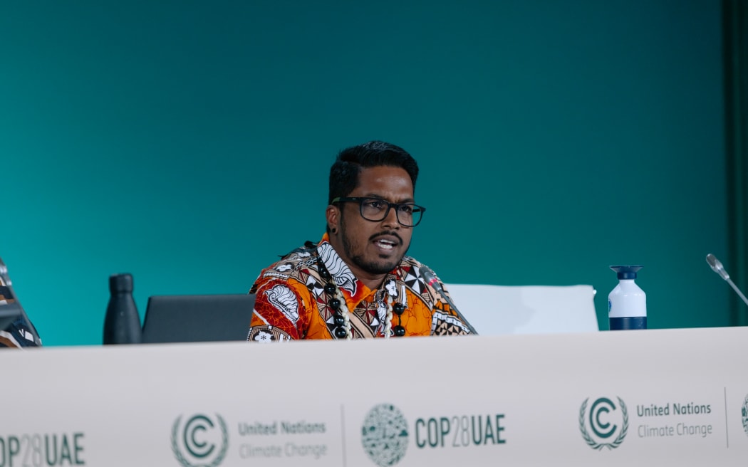 Shiva Gounden, Greenpeace Australia Pacific at the Press Conference. Press Conference on the state of play at COP28. Panelists include Kaisa Kosonen, Greenpeace International, Ghiwa Nakat, Executive Director of Greenpeace MENA, Camila Jardim, Greenpeace Brasil, Shiva Gounden, Greenpeace Australia Pacific.