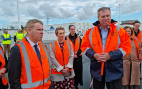 Chris Hipkins with Tainui Group Holdings chief executive Chris Joblin at Ruakura Inland Port in Hamilton on 7 September 2023. Labour Party election campaign trail.