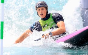 Luuka Jones on her way to second in the women's C1 final at the Oceania canoe slalom championships.