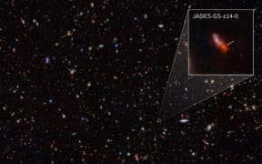 This handout image obtained on May 30, 2024 courtesy of NASA/ESA/CSA STScI shows an infrared image from NASA’s James Webb Space Telescope (also called Webb or JWST) taken by the NIRCam (Near-Infrared Camera) for the JWST Advanced Deep Extragalactic Survey, or JADES, program. The NIRCam data was used to determine which galaxies to study further with spectroscopic observations. One such galaxy, JADES-GS-z14-0 (shown in the pullout), was determined to be at a redshift of 14.32 (+0.08/-0.20), making it the current record-holder for the most distawebb nt known galaxy. This corresponds to a time less than 300 million years after the big bang. (Photo by HANDOUT / ESA, NASA, CSA, STScI / AFP) / RESTRICTED TO EDITORIAL USE - MANDATORY CREDIT "AFP PHOTO /NASA, ESA, CSA, STScI, Brant Robertson (UC Santa Cruz), Ben Johnson (CfA), Sandro Tacchella (Cambridge), Phill Cargile (CfA) " - NO MARKETING NO ADVERTISING CAMPAIGNS - DISTRIBUTED AS A SERVICE TO CLIENTS /