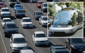A file photo showing light rail, superimposed over Auckland traffic