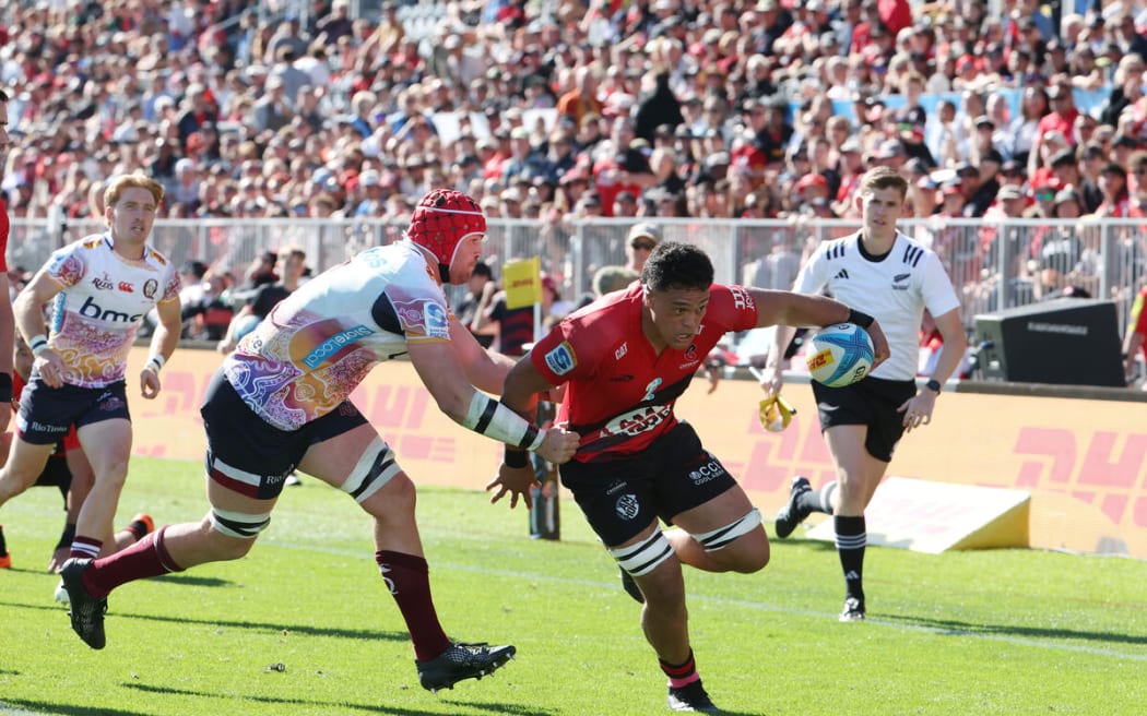 Christian Lio-Willie scores during the Super Rugby Pacific match, Crusaders v Reds, Apollo Projects Stadium, Christchurch.