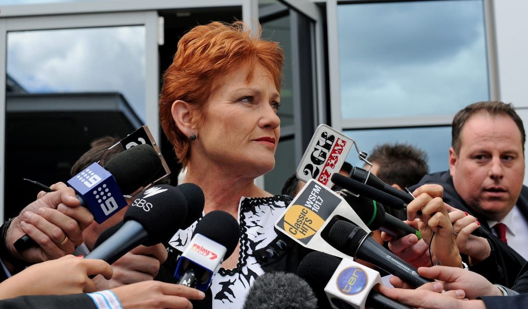 Controversial former Australian politician Pauline Hanson speaks to the media in Sydney after narrowly failing in her bid to win a seat in the New South Wales parliament on April 12, 2011 in Sydney. Despite leading voters' first preferences, the outspoken 56-year-old