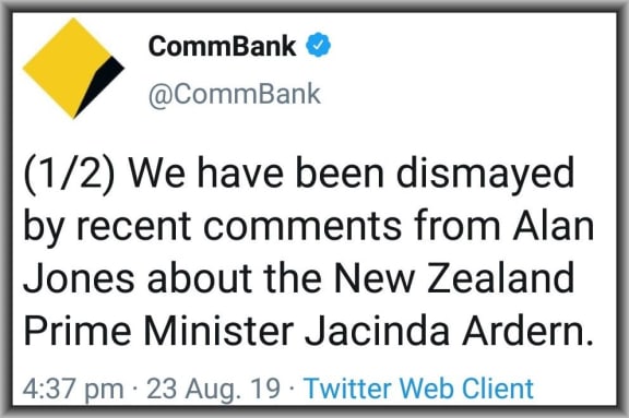 The Commonwealth Bank tells Twitter followers it's taking its ads away Alan Jones' stations.