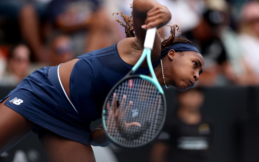 Coco Gauff of the USA serves in her match against Varvara Gracheva of France.