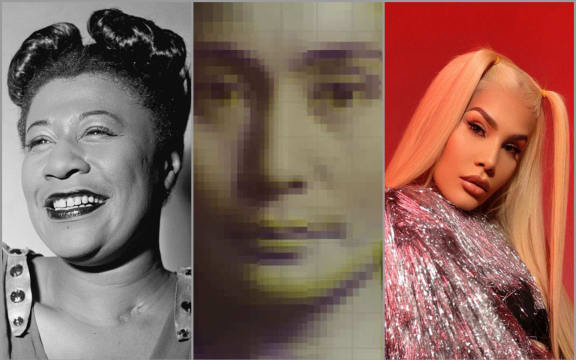 Three images of Ella Fitzgerald, Yoko Ono and Ivy Queen.