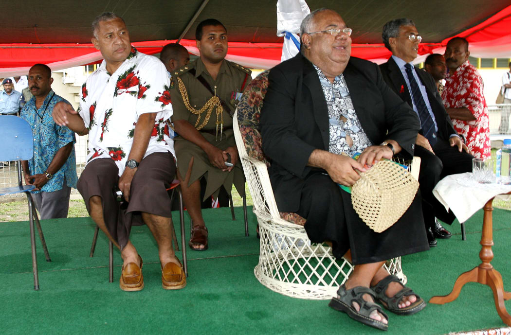 Ratu Joni Madraiwiwi was the Vice-President of Fiji from 2004 to 2006. Here he watches a rugby game between the army and the police with Frank Bainimarama (left) in 2006.