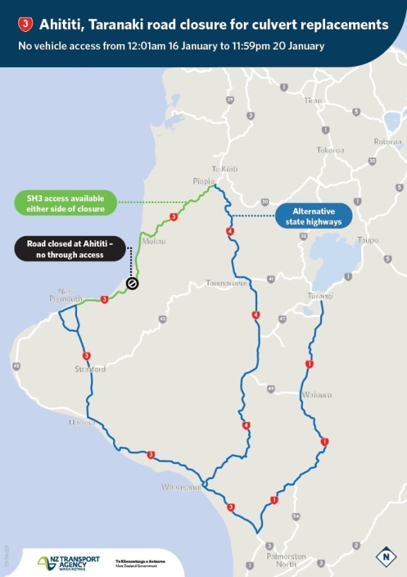 Ed Sheeran fans, holidaymakers, sports competitors and businesses are being hit in the back pocket and facing lengthy detours as Waka Kotahi shuts down State Highway 3 north of Mt Messenger in Taranaki for five days from 12:01 Friday morning to replace two end-of-life culverts.