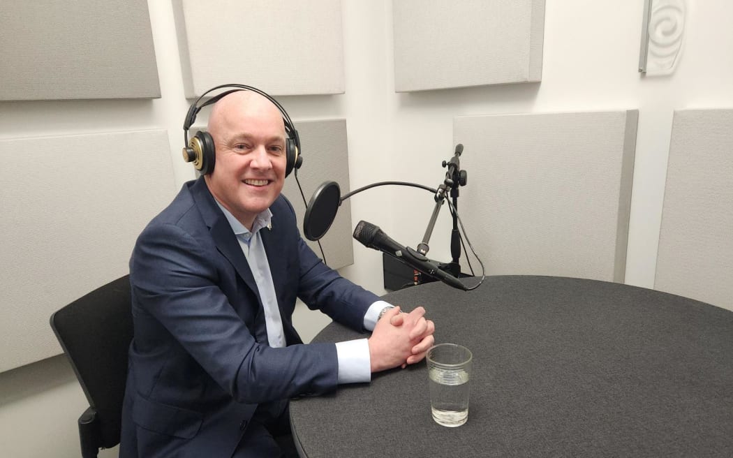 National Party leader Christopher Luxon in RNZ's Christchurch studio for an extended pre-election interview with Morning Report on 9 October, 2023.