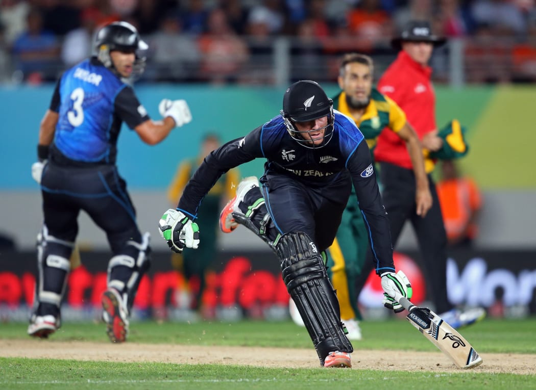 New Zealand's Martin Guptill is run out for 34 runs.