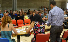 Golden Bay residents at a meeting to discuss damage caused by Cyclone Gita.