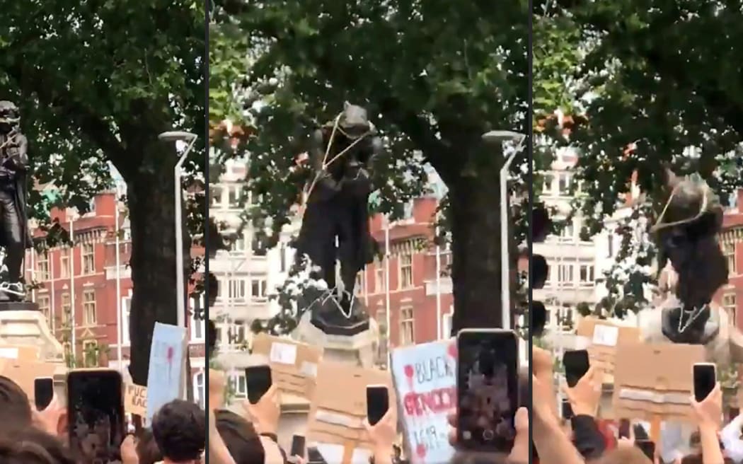 A series of images showing protesters pulling down a statue of slave trader Edward Colston in Bristol.