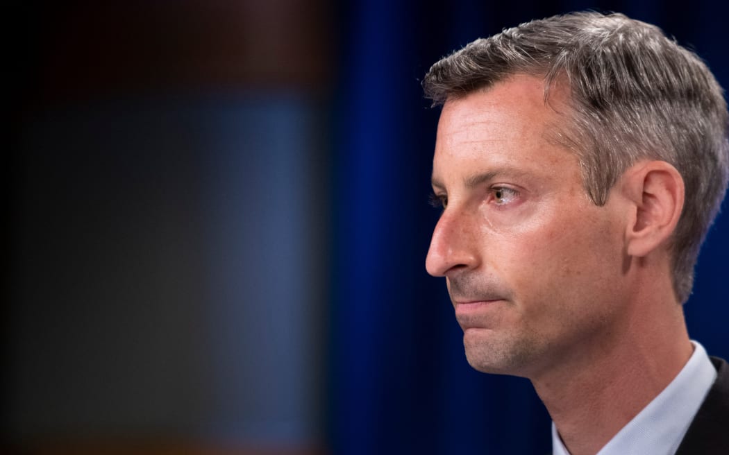 State Department spokesperson Ned Price pauses while speaking during a briefing at the State Department August 2, 2021, in Washington, DC. (Photo by Brendan Smialowski / AFP)