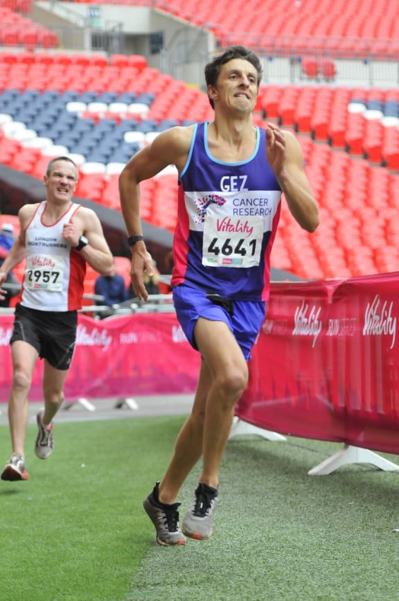 Before he got Covid-19 Gez Medinger (front) was training for the London Marathon aiming to complete it in 2.5 hours.