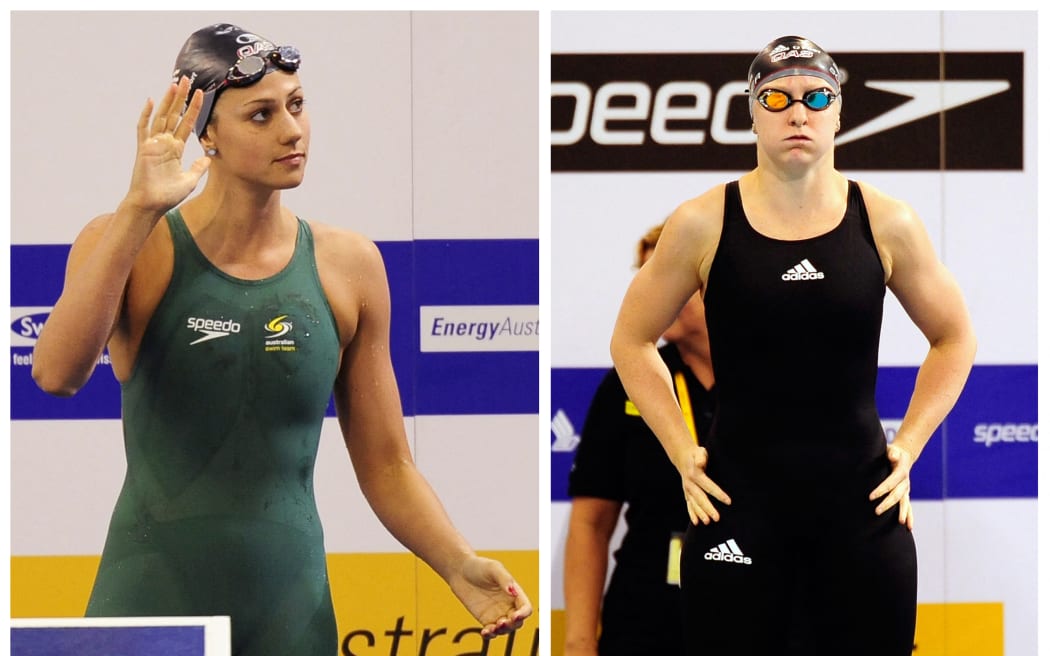 (FILES) This combo showing Australian swimming stars Stephanie Rice (L) taken on March 17, 2012, wearing a Speedo swimsuit and Jessicah Schipper (R) taken on March 19, 2012, wearing an Adidas swimsuit at the Australian Olympics swimming trials in Adelaide.  The majority of the Australian swimming team are not happy with the official swim suit they are expected to compete in at this year's London Olympics, reports said on March 29, 2012.  Sisters Cate and Bronte Campbell, who have both qualified for London, said dissatisfaction with the Elite Fastskin Pro suit presented to the Olympic team by the team's official sponsor Speedo was so high that many were applying for official exemptions to not compete in it, newspapers said.  AFP PHOTO/ FILES/ DAVID MARIUZ (Photo by DAVID MARIUZ / AFP)