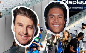 Blues fans with big heads of Beauden Barrett and Caleb Clarke during the Super Rugby Paciﬁc - Blues v Force match held at Eden Park, Auckland   26  March  2023       Photo: Brett Phibbs / www.photosport.nz