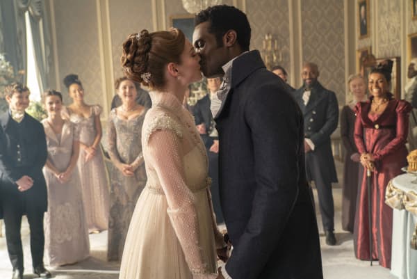 Bridgerton. (L to R) Will Tilston as Gregory Bridgerton, Florence Hunt as Hyacinth Bridgerton, Ruth Gemmell as Lady Violet Bridgerton, Hannah Dodd as Francesca Bridgerton, Victor Alli as John Stirling, Daniel Francis as Lord Anderson, Adjoa Andoh as Lady Agatha Danbury in episode 308 of Bridgerton. Cr. Liam Daniel/Netflix © 2024