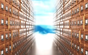 Room with archives. The archive corridor with cupboards leading to the light. 3D illustration