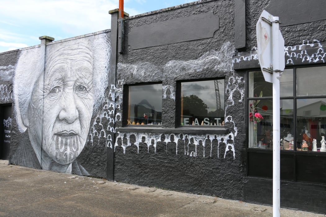 The local hokohoko (second hand store) features the portrait of Tuhoe Kuia, Hokimoana Te Rika-Hekerangi.