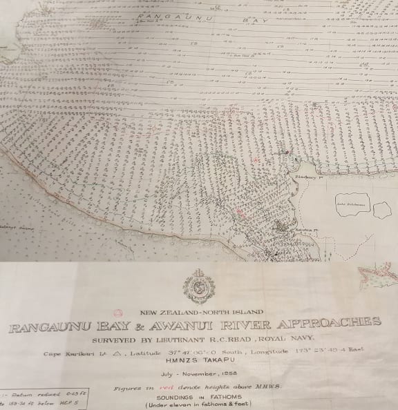 This 1958 nautical chart of Rangaunu Harbour in Northland, shows individual depth soundings and was carefully hand-drawn.