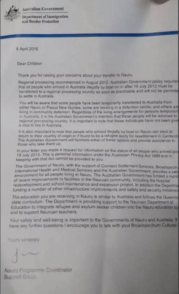 A letter from the Australian government replying to a protest letter from refugees on Nauru.
