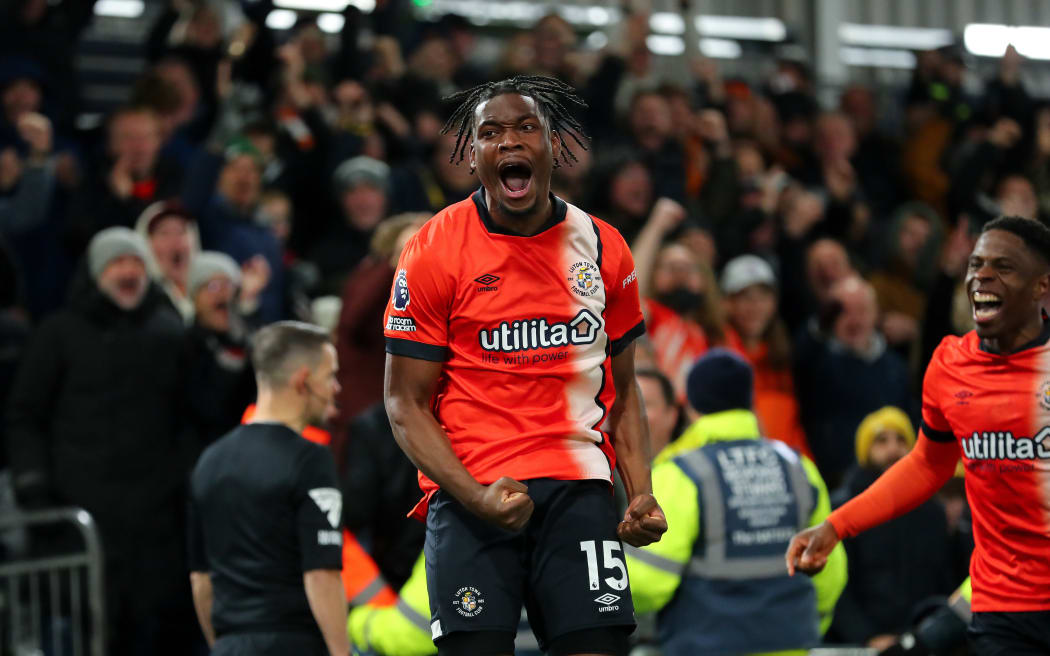 Elijah Adebayo of Luton Town celebrates.