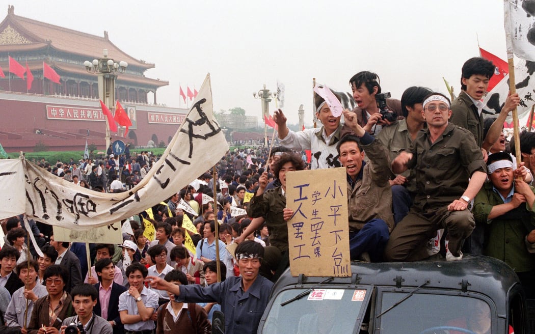 Chinese workers filling the streets of Beijing to support the students' pro-democracy movement in May 1989.