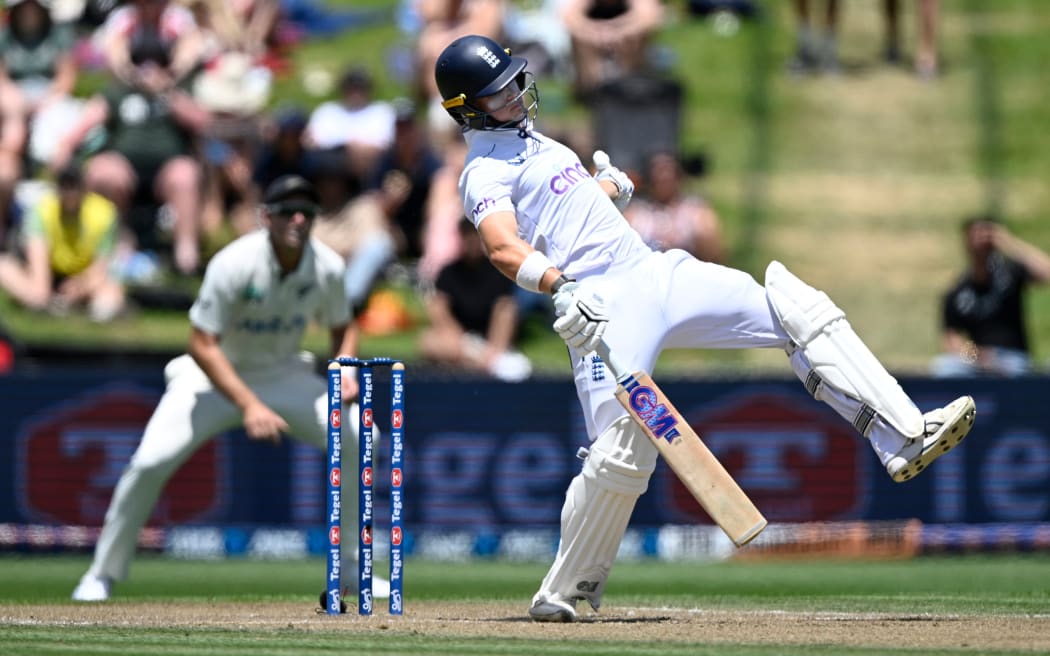 England's Jacob Bethell ducks away from a delivery, third Test against New Zealand, Hamilton, 2024.