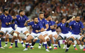 Samoa's players perform the Siva Tau ahead of the France 2023 Rugby World Cup Pool D match between Japan and Samoa at the Stadium de Toulouse in Toulouse, southwestern France on September 28, 2023.